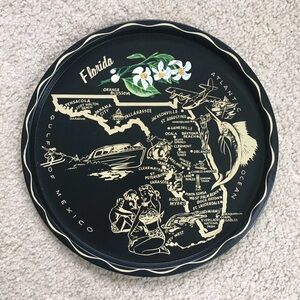Vintage 1960s Florida Black Tin Metal Souvenir Serving Tray With Orange Blossoms
